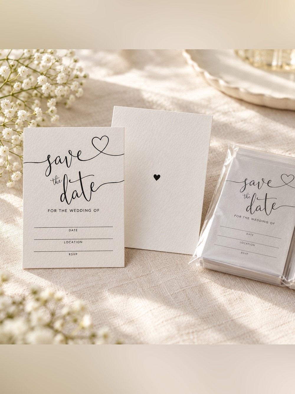 Save the Date Wedding Cards Set of 25 Black White Heart Sealed